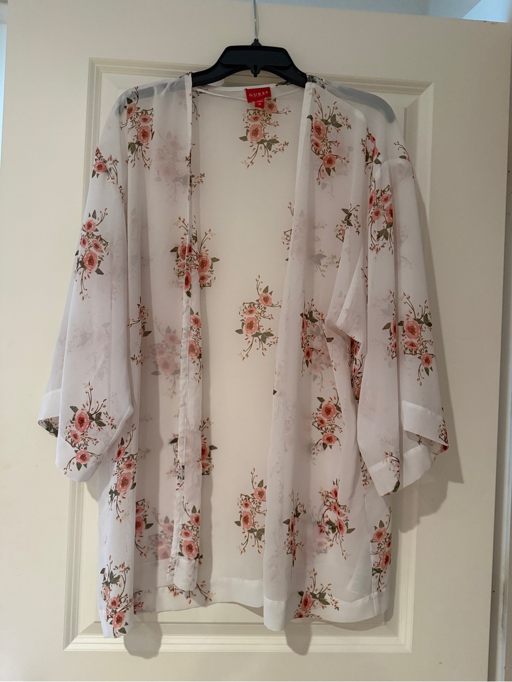 GUESS White Floral Sheer Kimono Top with Pink Roses size M